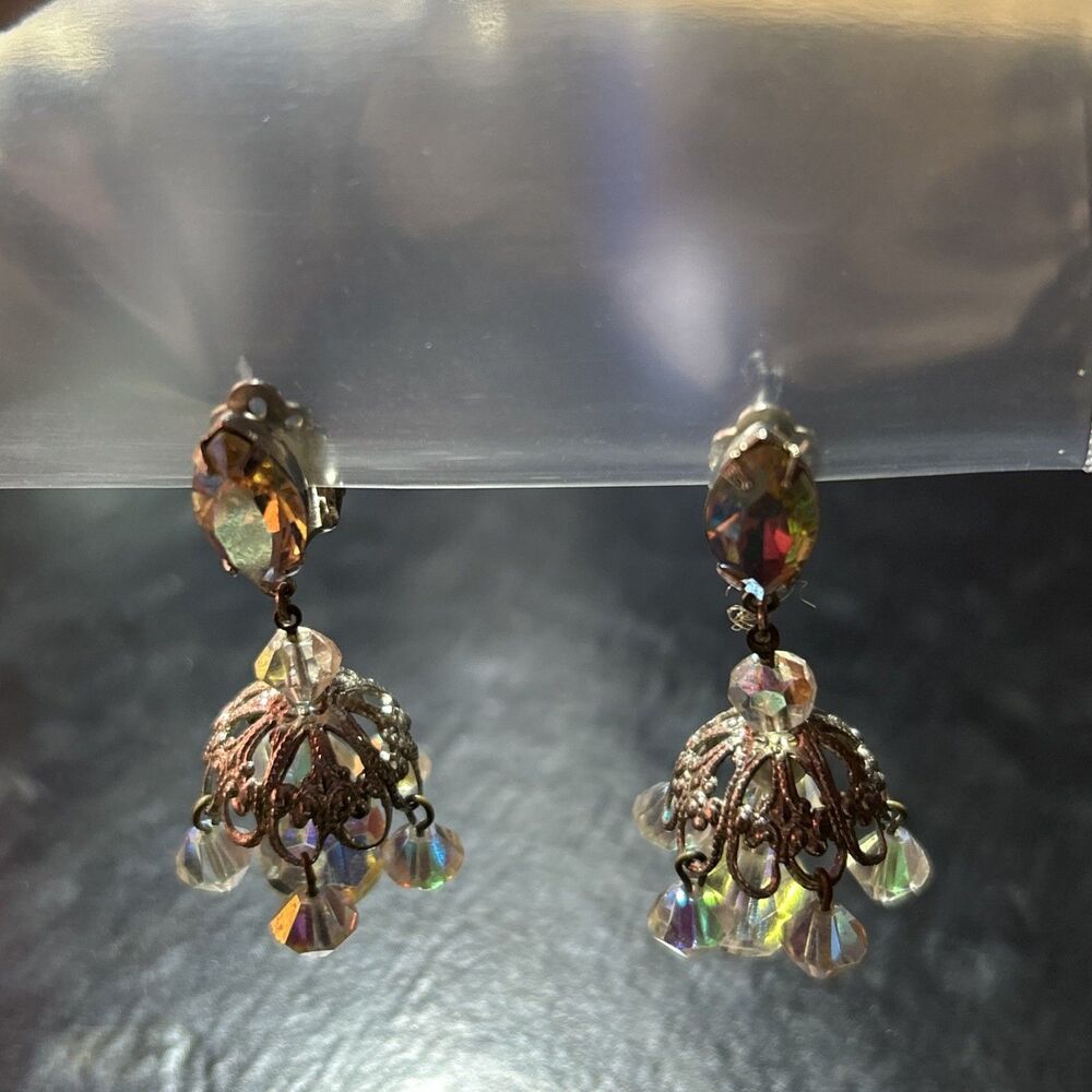 Vintage Lewis Segal 1-1/2” Chandelier Dangle Earrings Clip On Aurora Borealis AB